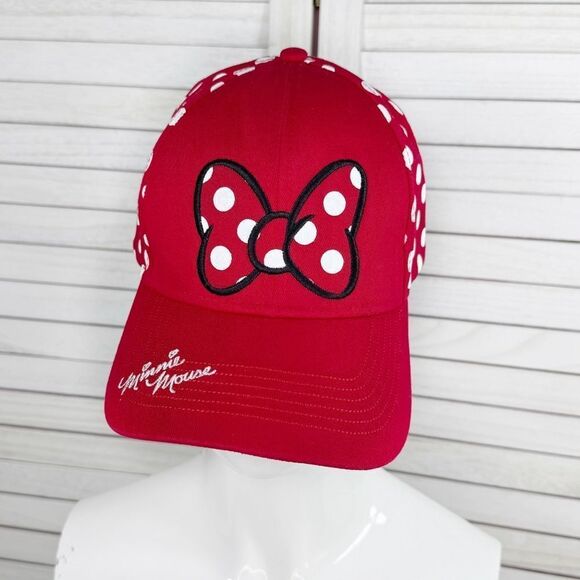 Disney Minnie Mouse Polkadot Baseball Cap Hat Red White Bow Adjustable - Picture 2 of 12
